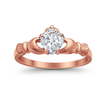 Heart Shape Rose Tone, Simulated Cubic Zirconia Claddagh Wedding Ring 925 Sterling Silver